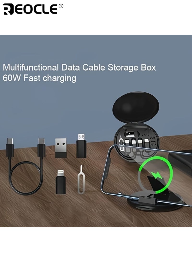 REOCLE 5-In-1 Multifunctional Data Cable Storage Box Portable USB Connector Adapter Kit Fast 60w Charging Multiple Interfaces Self-pin for Card Removal Convenient Storage - Image 4