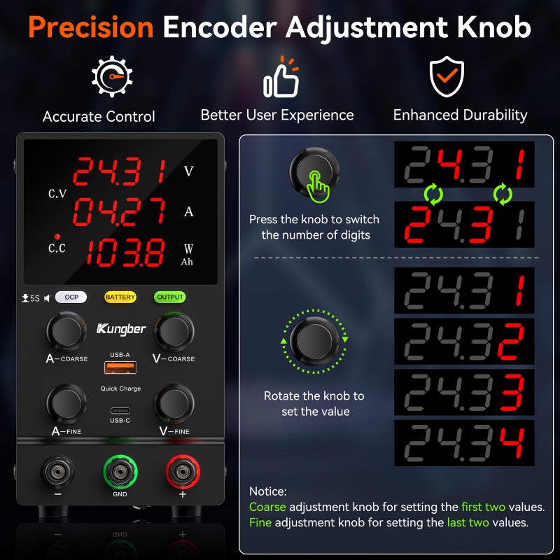 Kungber مزود طاقة تيار مستمر متغير، 30 فولت 10 أمبير مزود طاقة طاولة قابل للتعديل مع وضع شحن ذكي، واجهة USB بقوة 18 واط، مقبض ترميز دقيق (أسود) - Image 4