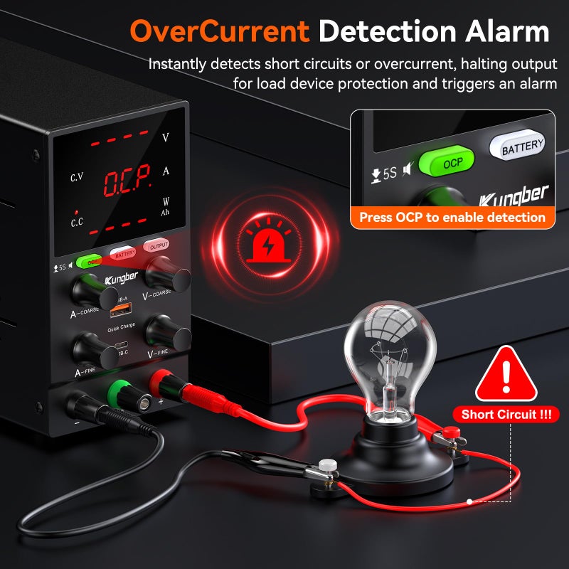 Kungber مزود طاقة تيار مستمر متغير، 30 فولت 10 أمبير مزود طاقة طاولة قابل للتعديل مع وضع شحن ذكي، واجهة USB بقوة 18 واط، مقبض ترميز دقيق (أسود) - Image 3
