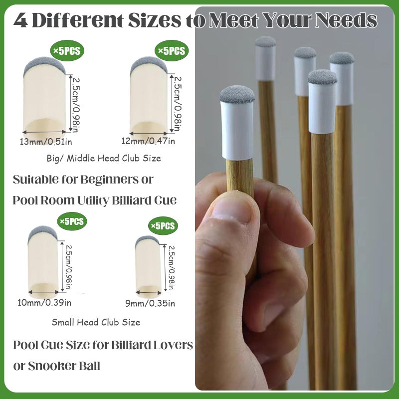 Keromtein 20pcs Slip On Pool Cue Tips, 4 Sizes Pool Queue Stick Tips Replacement Kit, Billiard Cue Sticks Tips Pool Cue Repair Kit Pool Table Accessories (9mm/ 10mm/ 12mm/ 13mm, Each Size 5pcs) - Image 2