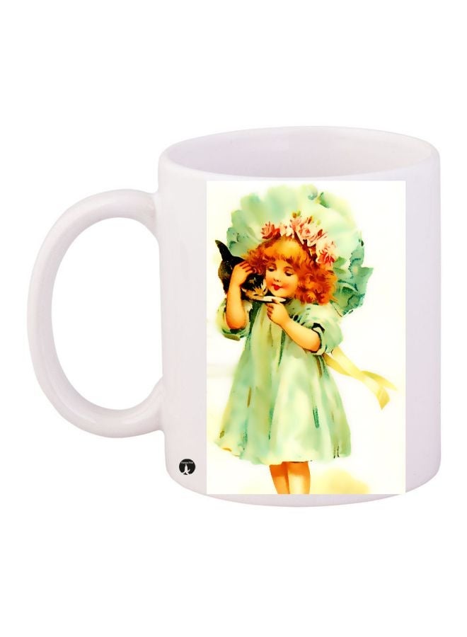 Cartoon Girl Printed Coffee Mug White/Green/Brown 11ounce