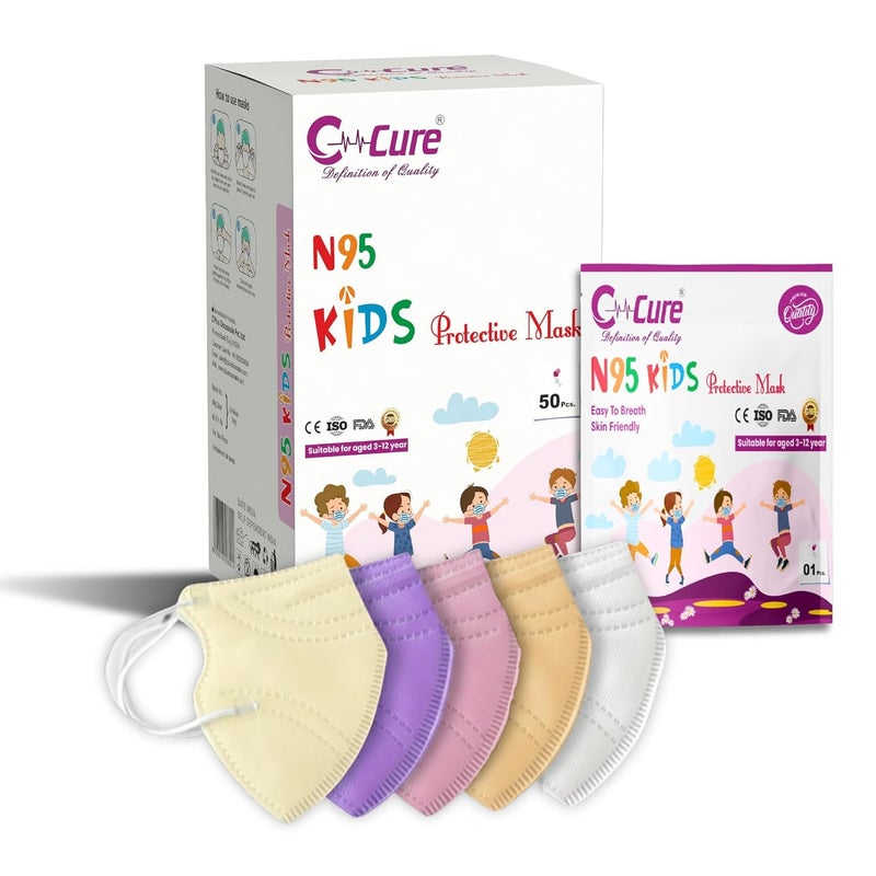 C-Cure Kids N95 Mask For 8-12 Years Reusable 5 Layer Face Mask For Kids Boys And Girls Mask N95 Mask For Kids Disposable Use And Throw Masks (Multicolor) - Image 1