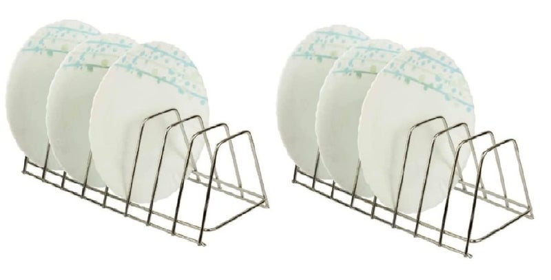 CR18 COLLECTION Stainless Steel Square Plate Rack for Kitchen Dish Rack Thali Stand for Kitchen Dish Stand 6 Plate Stand for Kitchen Cabinet Dining Table Plate Stand Silver Color Pack of 2 - Image 1