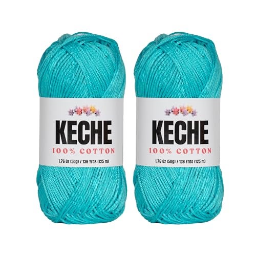 KECHE Cotton Yarn - 100% Cotton Yarn for Crocheting and Knitting, Mercerized Cotton Amigurumi Yarn Fine-Sport 2 1.76 oz (50g) / 136 Yrds (125 m) 2 Skeins - Turquoise - Image 1