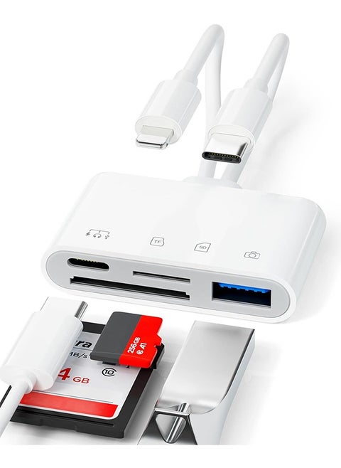 USB C Lightning SD TF Card Reader, 4-in-2 Memory Card Reader for iPhone 15/iPad/Mac/Laptop, Dual Connector Digital Camera Card Adapter with SD+TF+USB OTG+USB C Charging for Photography, Plug and Play