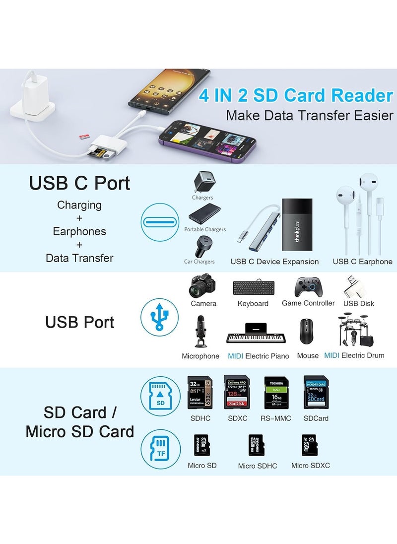 USB C Lightning SD TF Card Reader, 4-in-2 Memory Card Reader for iPhone 15/iPad/Mac/Laptop, Dual Connector Digital Camera Card Adapter with SD+TF+USB OTG+USB C Charging for Photography, Plug and Play