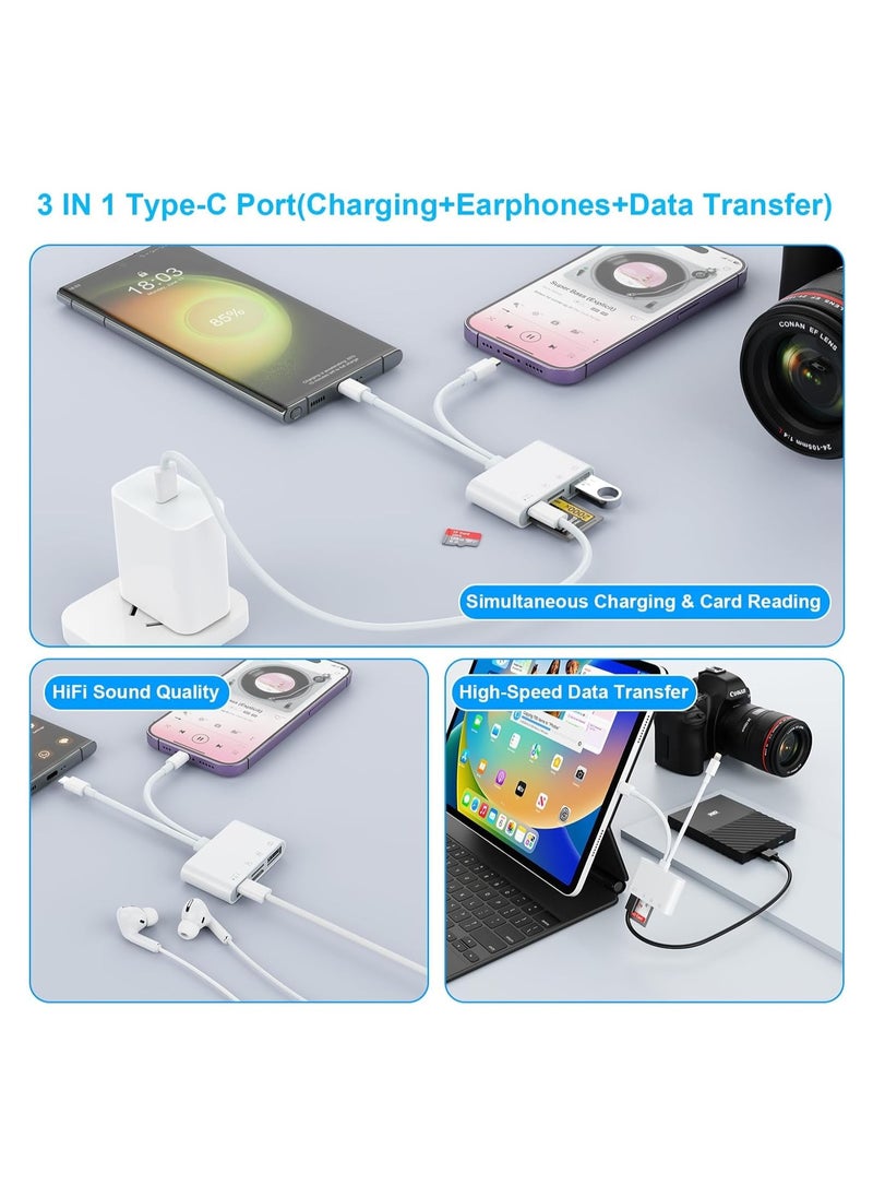 USB C Lightning SD TF Card Reader, 4-in-2 Memory Card Reader for iPhone 15/iPad/Mac/Laptop, Dual Connector Digital Camera Card Adapter with SD+TF+USB OTG+USB C Charging for Photography, Plug and Play