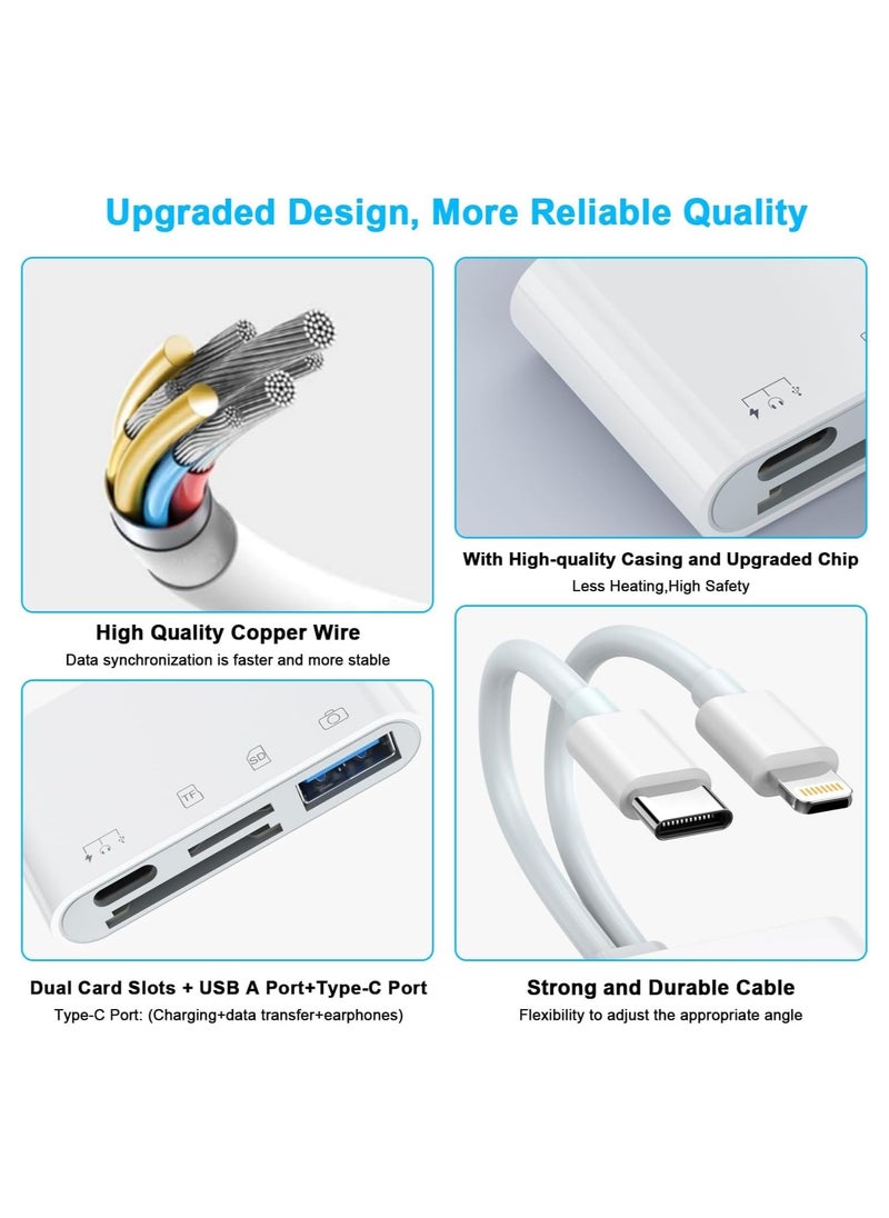 USB C Lightning SD TF Card Reader, 4-in-2 Memory Card Reader for iPhone 15/iPad/Mac/Laptop, Dual Connector Digital Camera Card Adapter with SD+TF+USB OTG+USB C Charging for Photography, Plug and Play