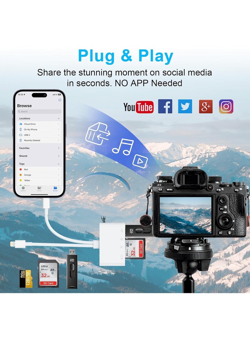 USB C Lightning SD TF Card Reader, 4-in-2 Memory Card Reader for iPhone 15/iPad/Mac/Laptop, Dual Connector Digital Camera Card Adapter with SD+TF+USB OTG+USB C Charging for Photography, Plug and Play
