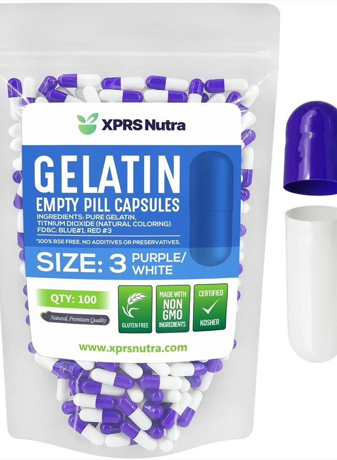 XPRS Nutra Size 3 Empty Capsules - 100 Count Empty Gelatin Capsules - Empty Pill Capsules - DIY Capsule Filling - Pure Bovine Pill Capsules Empty Gel Caps (Purple/White)  - Image 1