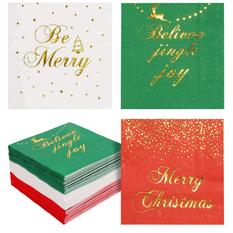 Whaline 120 Pack Christmas Disposable Paper Napkins 3ply Gold Foil Design Beverage Cocktail Napkins for Holidays Dinner Party Supplies Folded 5 x 5 Inches