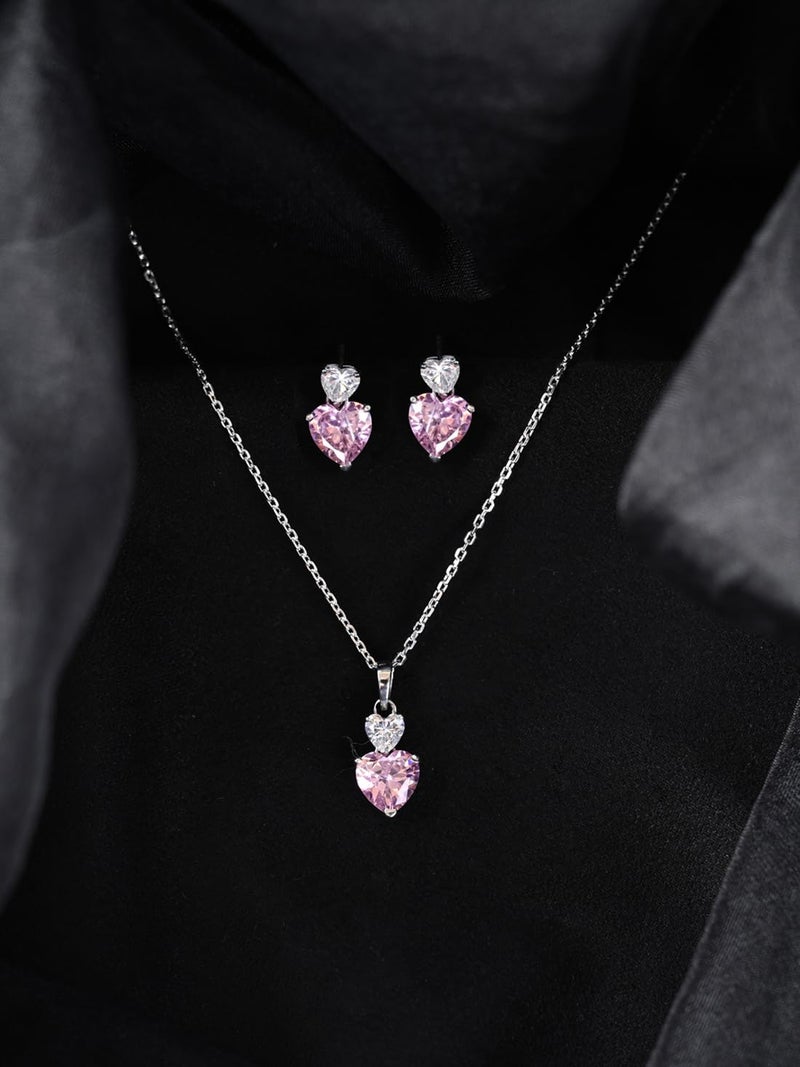 CLARA 925 Sterling Silver Two Hearts Pendant Earrings Chain Necklace Jewellery Set | Platinum Plated, Swiss Zirconia |Gift for Women and Girls - Image 2