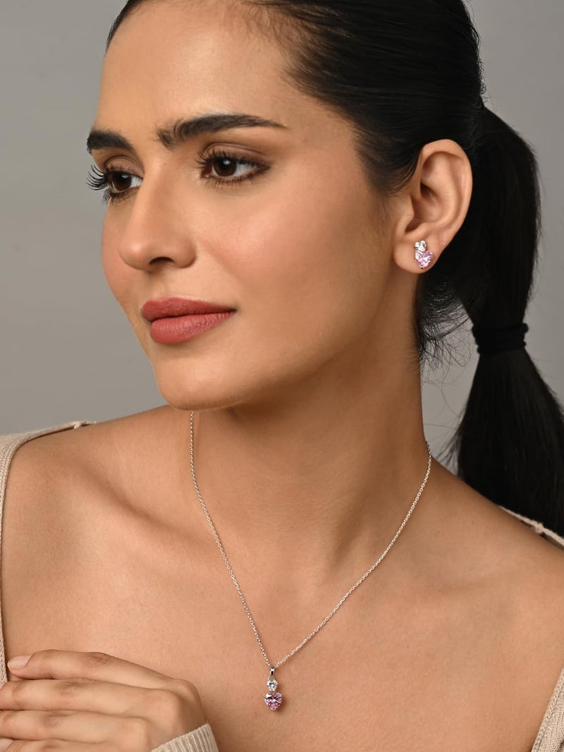 CLARA 925 Sterling Silver Two Hearts Pendant Earrings Chain Necklace Jewellery Set | Platinum Plated, Swiss Zirconia |Gift for Women and Girls - Image 5