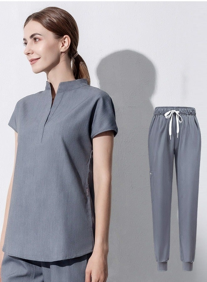 Loquat Medical Uniform Scrubs 2 Piece Set Stand Collar Top and Elastic Waist Jogger Pants Suit Grey  - Image 1