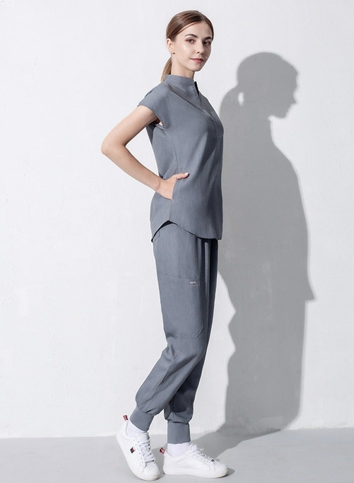 Loquat Medical Uniform Scrubs 2 Piece Set Stand Collar Top and Elastic Waist Jogger Pants Suit Grey  - Image 2
