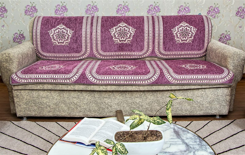 KREEVA Velvet Chenille Sofa Cover | for 5 Seater (3+1+1) Sofa | (Tohfa Purple_2, 6 Piece Set) | Sofa Slipcovers - Image 3