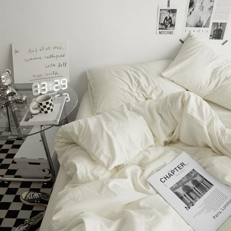 Yuchuang 4-Piece Bed Cover Set, Cotton, Solid Color, King Size, Solid Pattern - Image 1