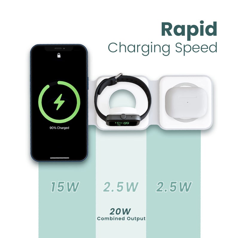 Ambrane 3-in-1 Wireless Charger with 20W BoostedSpeed™, Foldable Design, Multi Layers of Protection, Wide Compatibility (AeroSync Tripad, White) - Image 2