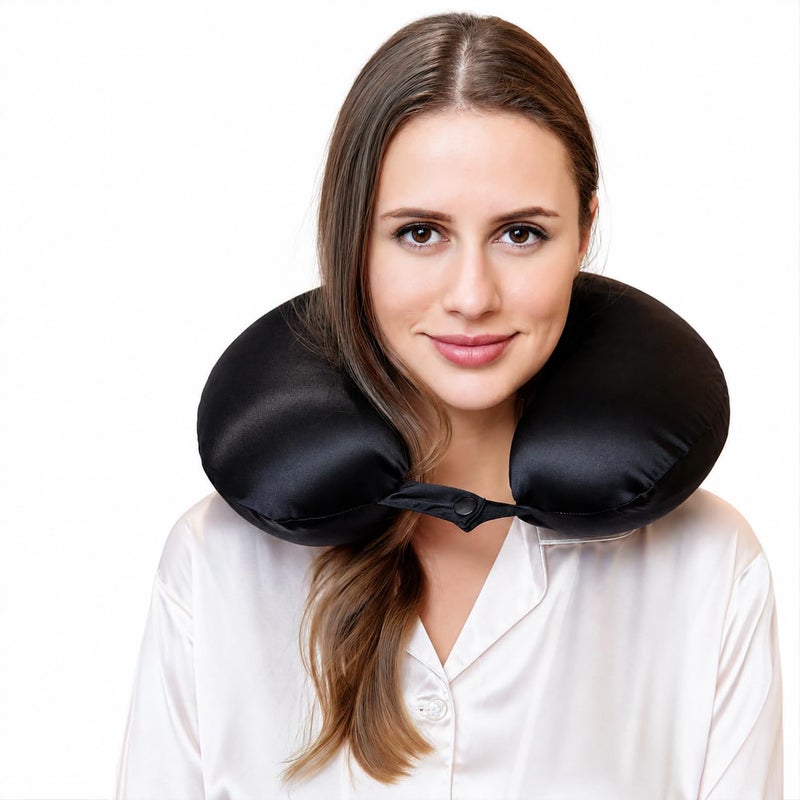 ROSEWARD 100 Mulberry Silk Travel Neck Pillow for Sleeping 22 Momme Silk Airplane Travel Pillow for Pain Relief Sleeping Plane Neck Support Pillow Anti Wrinkle Made in USA Black - Image 2