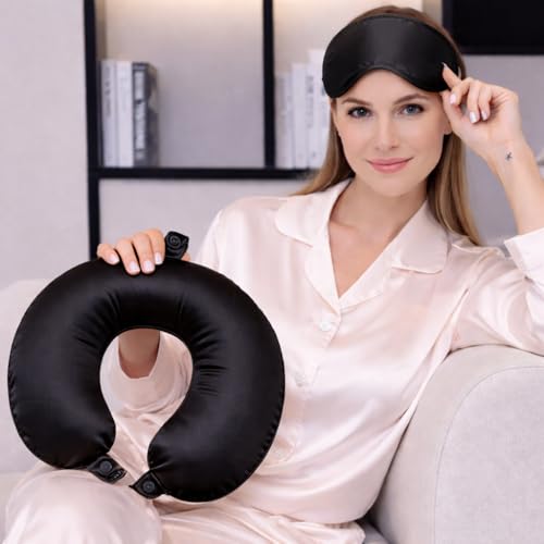 ROSEWARD 100 Mulberry Silk Travel Neck Pillow for Sleeping 22 Momme Silk Airplane Travel Pillow for Pain Relief Sleeping Plane Neck Support Pillow Anti Wrinkle Made in USA Black - Image 3