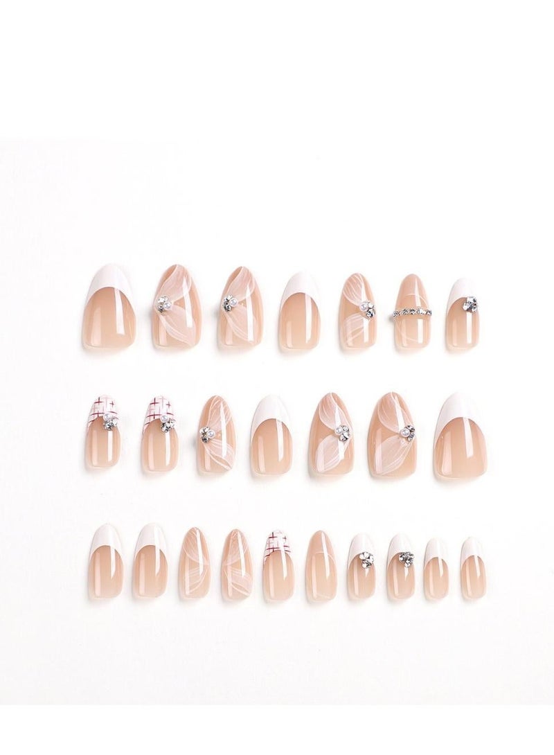 الكنز 24 قطعة أظافر تركيب، اظافر فرنسية، اظافر فرنش صناعية، تركيب اظافر، بيضاوية طويلة لاصقة، بتصميمات الخطوط الفنية وترصيع الأحجار البراقة. أنيقة ومتألقة تفوق الخيال، وسهلة الإزالة. مصممة خصيصًا للنساء والفتيات للارتداء اليومي وفي المكتب - Image 5