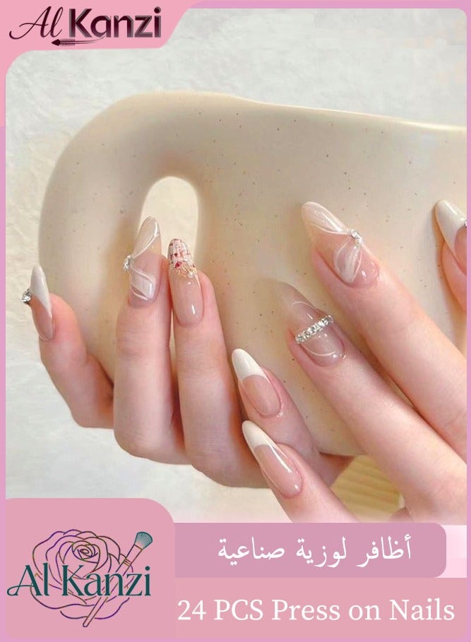 الكنز 24 قطعة أظافر تركيب، اظافر فرنسية، اظافر فرنش صناعية، تركيب اظافر، بيضاوية طويلة لاصقة، بتصميمات الخطوط الفنية وترصيع الأحجار البراقة. أنيقة ومتألقة تفوق الخيال، وسهلة الإزالة. مصممة خصيصًا للنساء والفتيات للارتداء اليومي وفي المكتب - Image 1