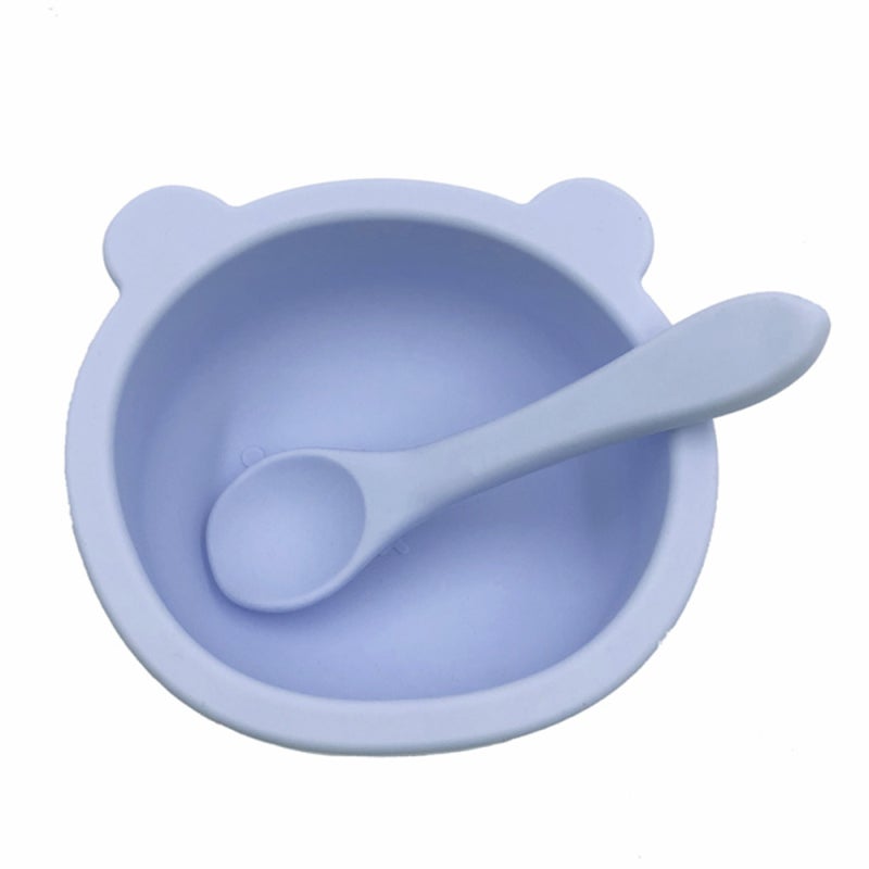 Baby Suction Bowls: Light Blue Food Grade Silicone Set - Strong Non-Slip Suction Cup, Curved Grip Spoon for 6+ Month Self-Feeding Babies - Image 1