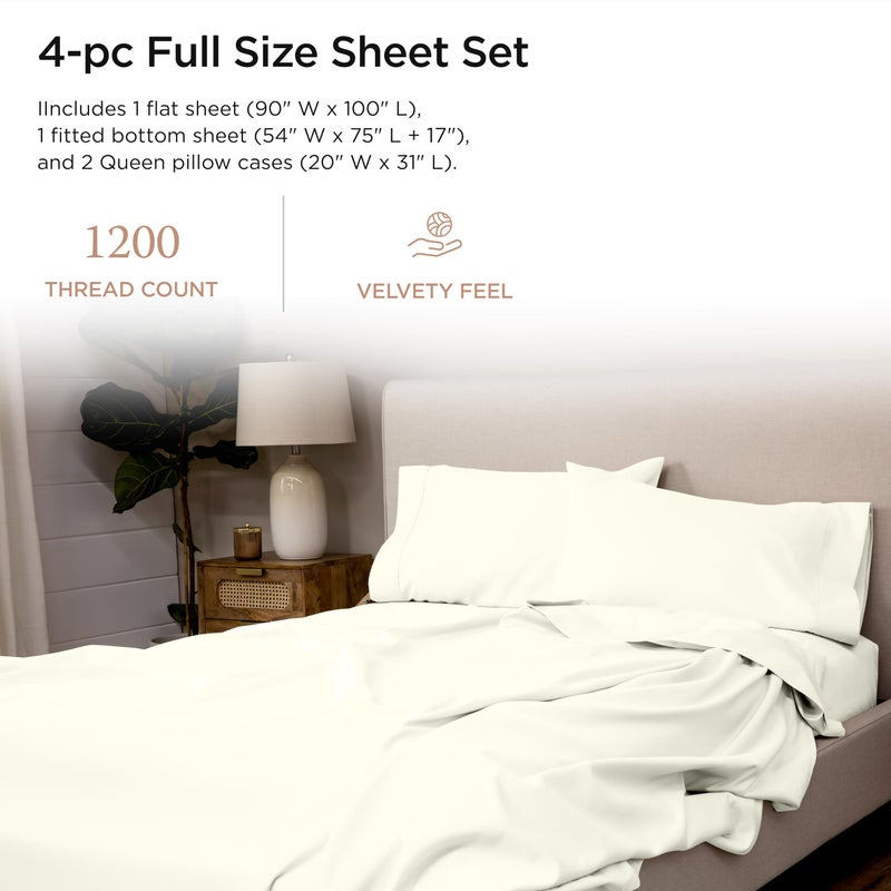 Threadmill ملاءات قطنية فاخرة من Threadmill Supima فاخرة بكثافة 1200 خيط، ملاءات قطنية ناعمة 100% لسرير كامل الحجم، 4 قطع من ملاءات السرير العاجية، مجموعة كاملة من ملاءات السرير ذات الجيب العميق بجودة الفنادق من فئة 5 نجوم - Image 2
