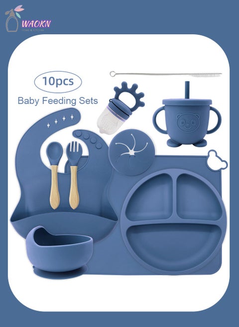10 Pcs Baby Silicone Tableware Set Special For Infants To Eat Their Own Training Tableware Set Including Complementary Food Bowl Sippy Cup Dinner Plate Bib Fork And Spoon(Dark Blue)
