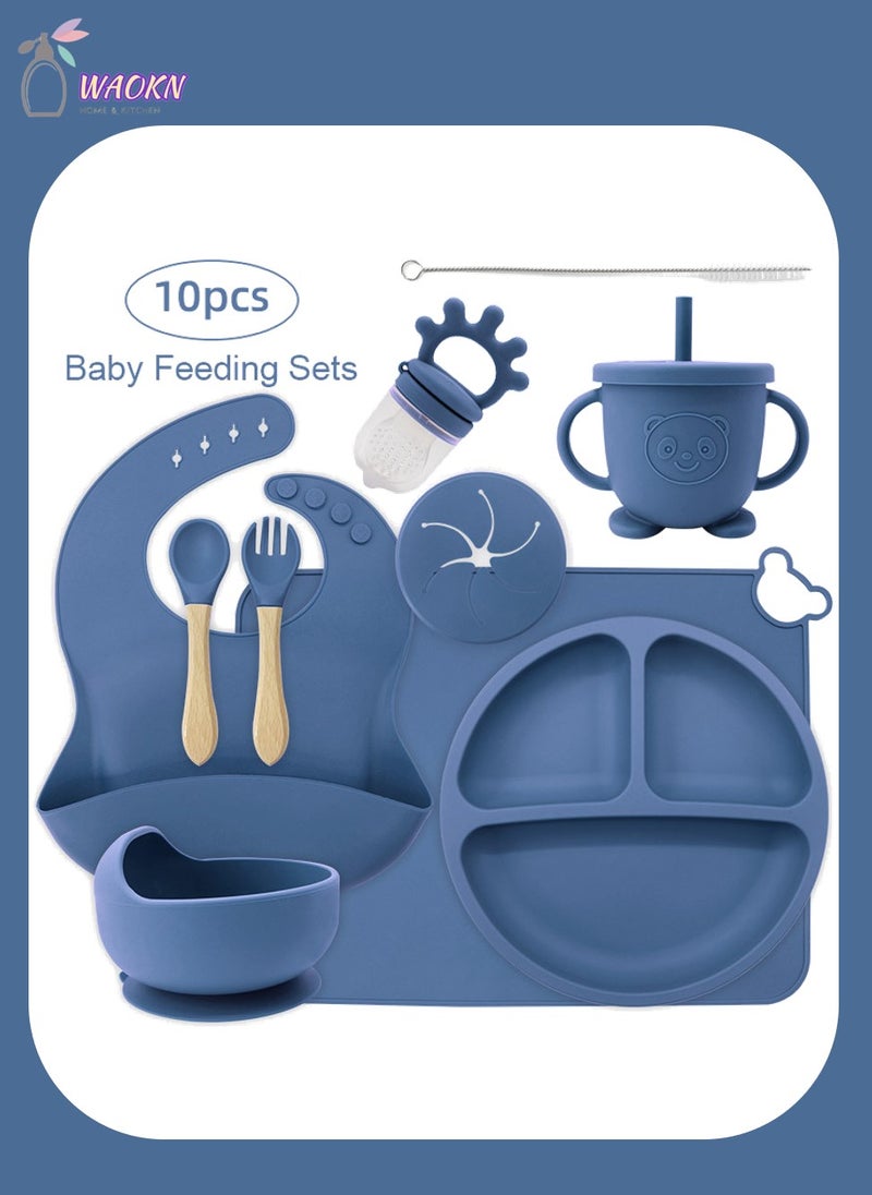 WAOKN - 10 Pcs Baby Silicone Tableware Set Special For Infants To Eat Their Own Training Tableware Set Including Complementary Food Bowl Sippy Cup Dinner Plate Bib Fork And Spoon(Dark Blue) - Image 1