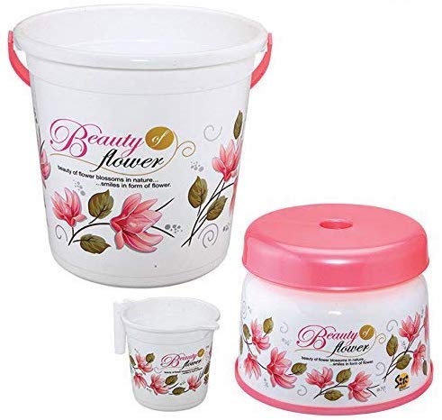 Hevea Plastic Siti Plast Bathroom Set Bucket (22L) Mug (1.5L) and Stool (9inch) (White and Pink) - Image 5
