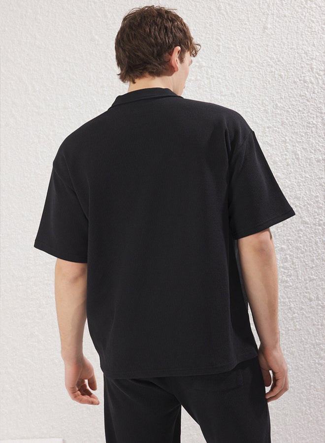 trendyol Black Oversize/Wide Cut Textured Zippered Cotton Polo Neck - Image 4
