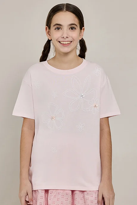أر أند بي Embroidered T-Shirt with Crew Neck and Short Sleeves