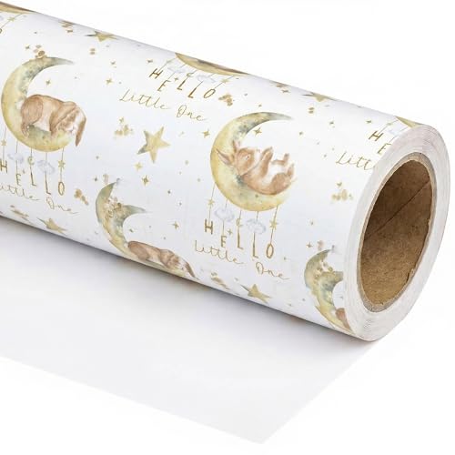 SaringSwoon Baby Shower Wrapping Paper Roll for Kids Girls Boys - White Gift Wrap With Bunny, Moon and Hello Little One Design for Baby Shower, Birthday, Newborn - 17.5" × 26 Ft - Image 1