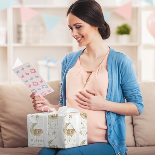 SaringSwoon Baby Shower Wrapping Paper Roll for Kids Girls Boys - White Gift Wrap With Bunny, Moon and Hello Little One Design for Baby Shower, Birthday, Newborn - 17.5" × 26 Ft - Image 2