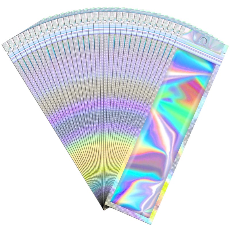 JETMORE 100 Pcs Mylar Bags - Holographic, Smell Proof, Resealable with Clear Window - Sealable for Pen, Brushes, Jewelry, Candy, Necklaces (2.4x9in) - Image 1