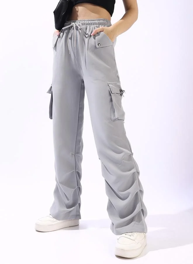 HIGH STAR Women's Light Grey Polyester Blend Solid Full Cargo Wide Leg Trouser
