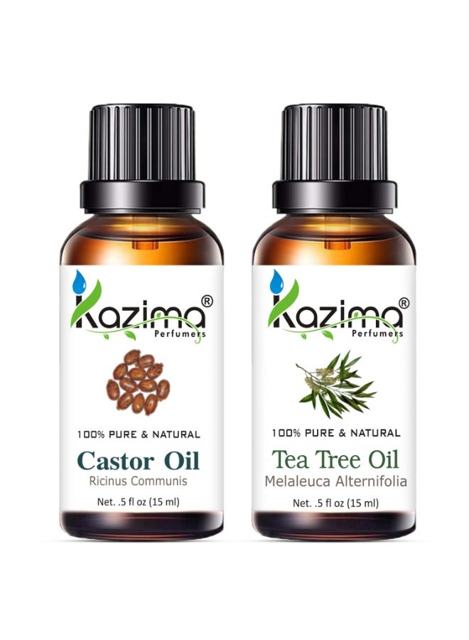 KAZIMA Combo of Castor Carrier Oil & Tea Tree Essential Oil for Hair, Skin and Body Massage, 15 ml each - Image 1