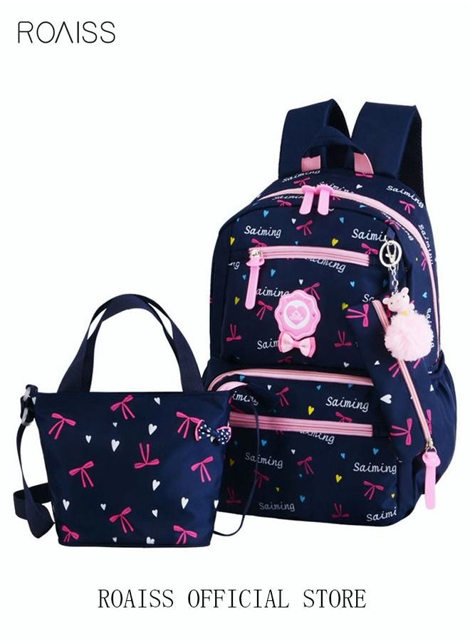 roaiss - 3pcs Heart and Bowknot Printed Graphic Cute Functional Backpack Set Schoolbag and Shoulder Bag and Pencil Case with Doll Pendant for Kids/Girls Dark Blue/Pink - Image 1