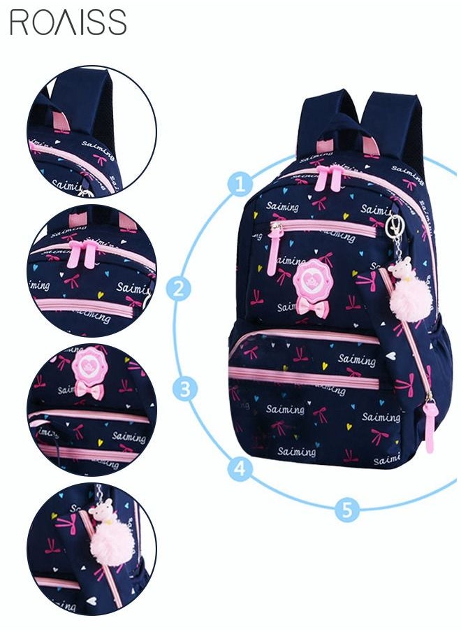 roaiss - 3pcs Heart and Bowknot Printed Graphic Cute Functional Backpack Set Schoolbag and Shoulder Bag and Pencil Case with Doll Pendant for Kids/Girls Dark Blue/Pink - Image 1