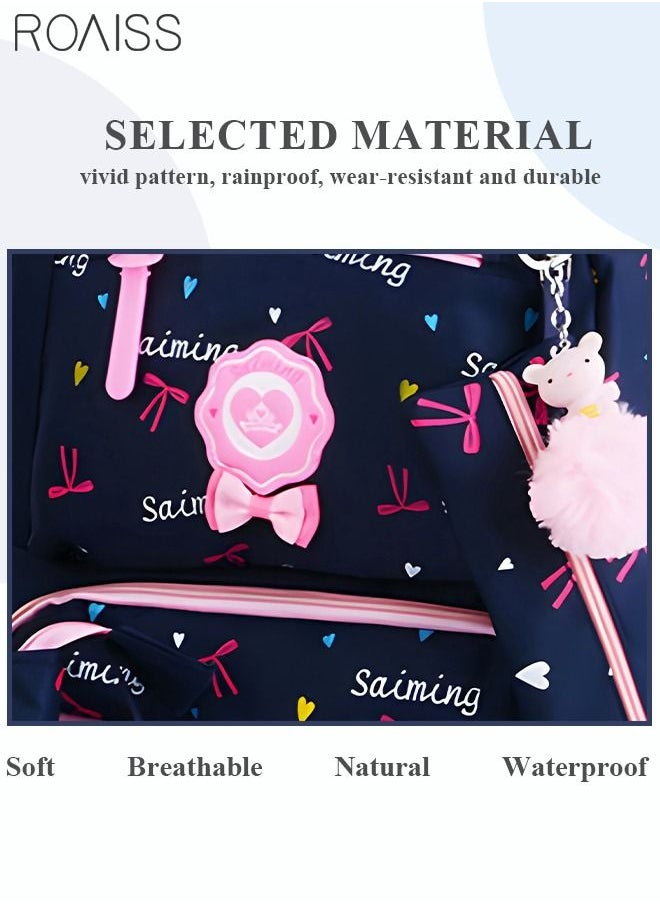 roaiss - 3pcs Heart and Bowknot Printed Graphic Cute Functional Backpack Set Schoolbag and Shoulder Bag and Pencil Case with Doll Pendant for Kids/Girls Dark Blue/Pink - Image 1