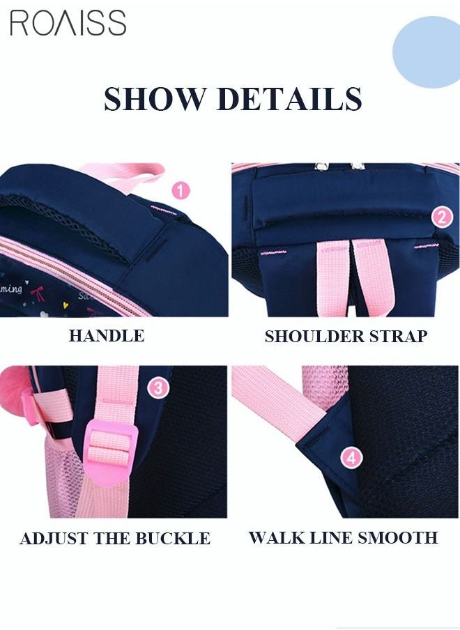 roaiss - 3pcs Heart and Bowknot Printed Graphic Cute Functional Backpack Set Schoolbag and Shoulder Bag and Pencil Case with Doll Pendant for Kids/Girls Dark Blue/Pink - Image 1