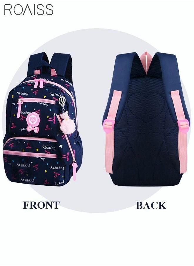 roaiss - 3pcs Heart and Bowknot Printed Graphic Cute Functional Backpack Set Schoolbag and Shoulder Bag and Pencil Case with Doll Pendant for Kids/Girls Dark Blue/Pink - Image 1