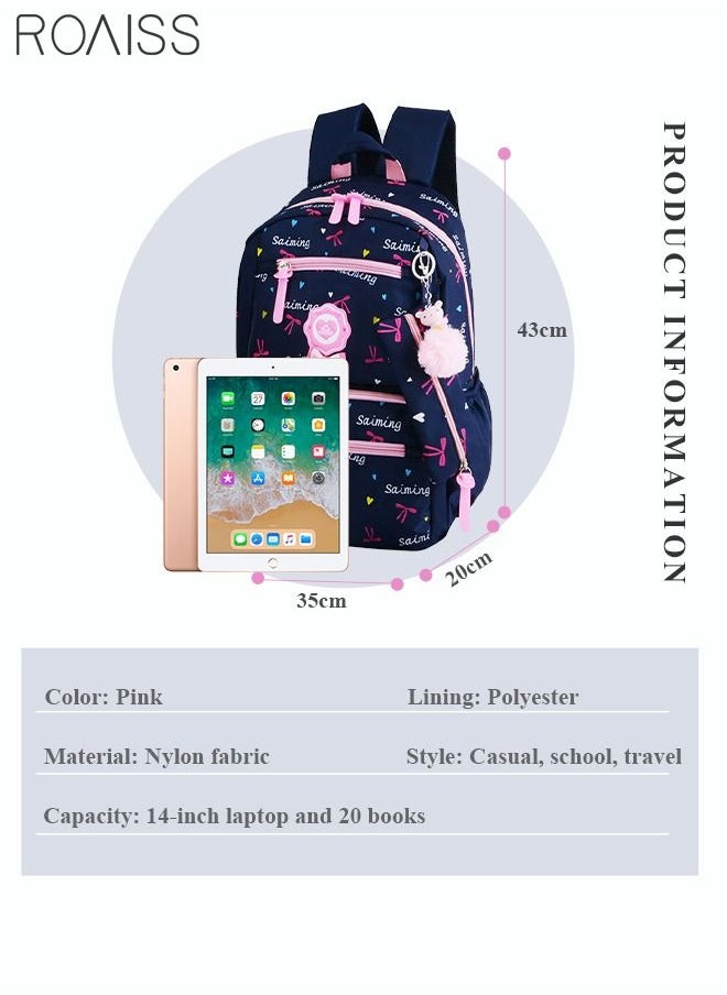roaiss - 3pcs Heart and Bowknot Printed Graphic Cute Functional Backpack Set Schoolbag and Shoulder Bag and Pencil Case with Doll Pendant for Kids/Girls Dark Blue/Pink - Image 1