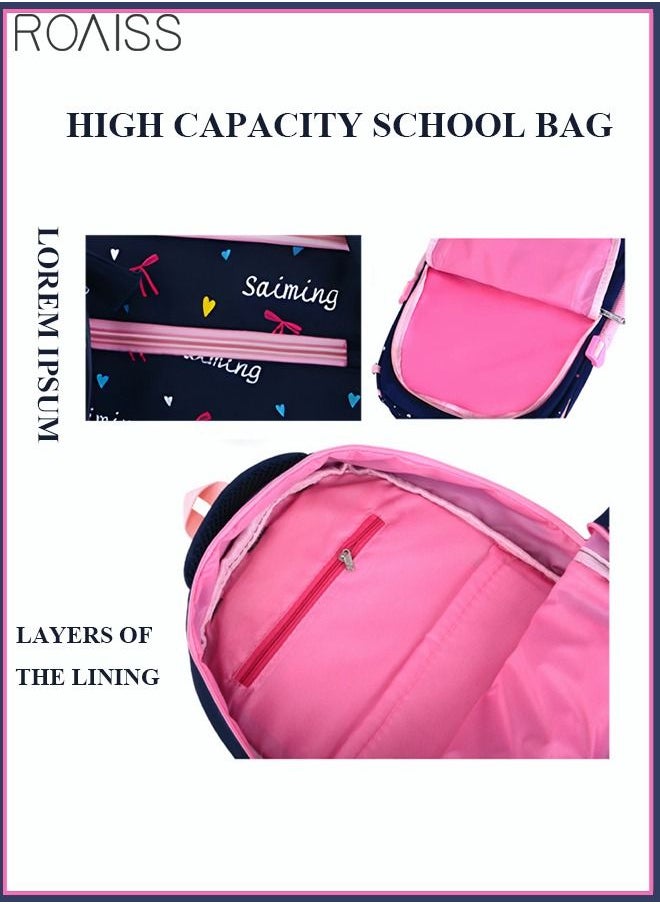 roaiss - 3pcs Heart and Bowknot Printed Graphic Cute Functional Backpack Set Schoolbag and Shoulder Bag and Pencil Case with Doll Pendant for Kids/Girls Dark Blue/Pink - Image 1