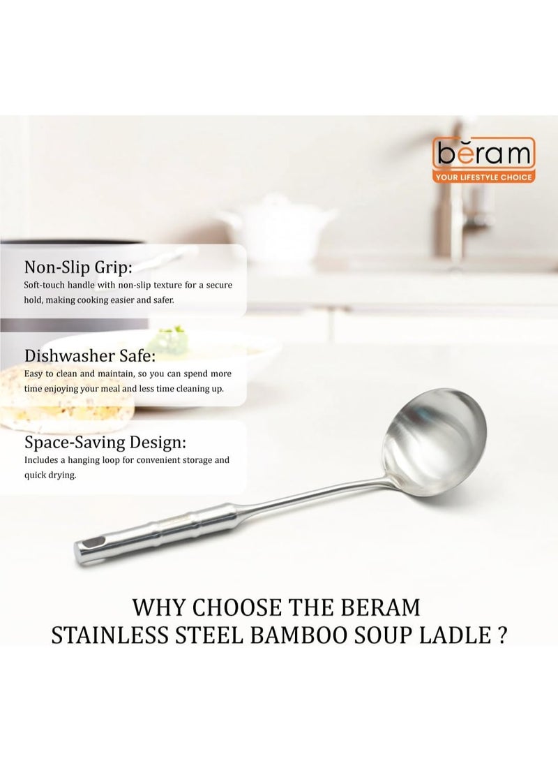 BERAM Soup Ladle Cooking Utensils Set 304 Stainless Steel 6 Pieces Soup Spoon Spatula Slotted Turner Rice Scoop Pasta Server Skimmer Food Grade Kitchen Tools with Bamboo Shaped Handles - Image 3