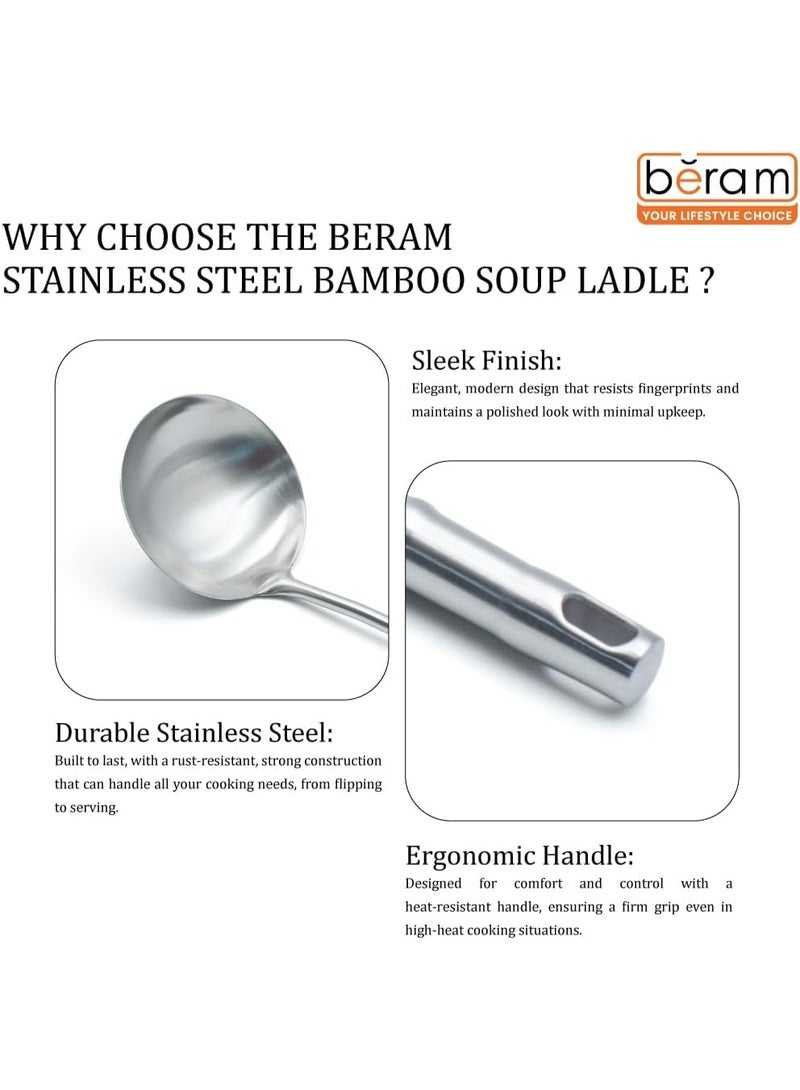 BERAM Soup Ladle Cooking Utensils Set 304 Stainless Steel 6 Pieces Soup Spoon Spatula Slotted Turner Rice Scoop Pasta Server Skimmer Food Grade Kitchen Tools with Bamboo Shaped Handles - Image 5