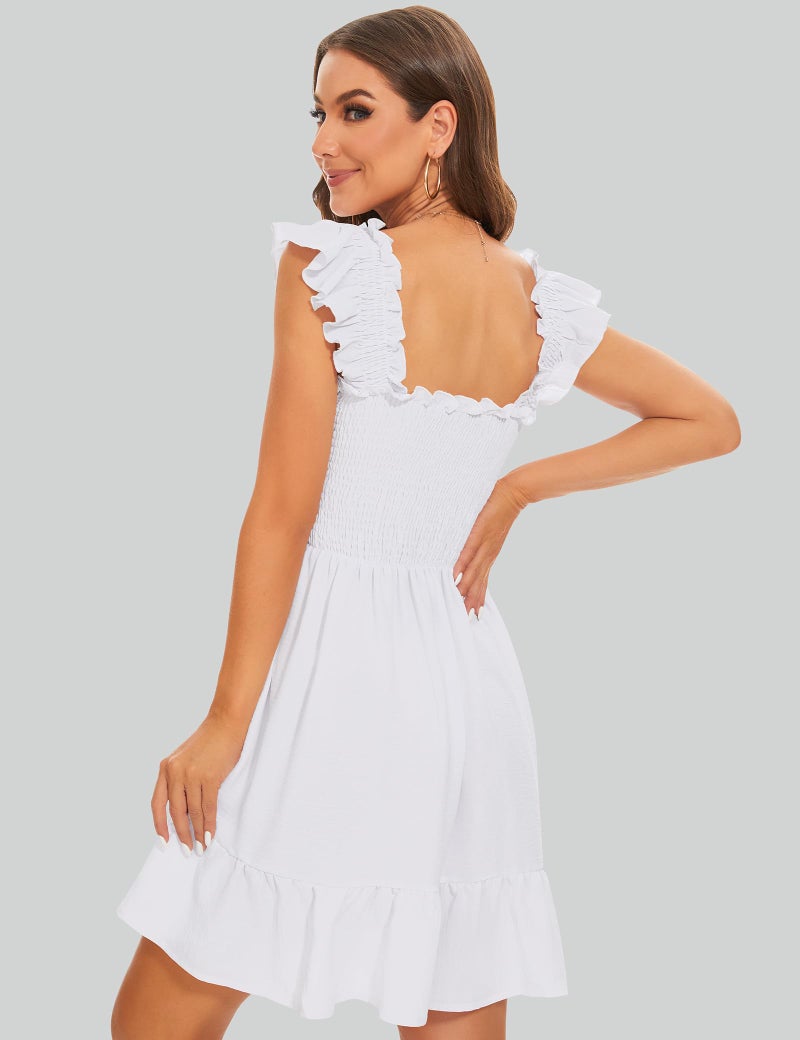 ROYLAMP Women's Smocked Dresses Square Neck Elegant Tiered Boho Ruffle Shoulder Swing Flowy Summer Casual Mini Dress White M - Image 2