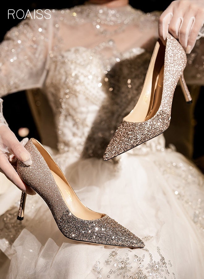 رويس حذاء بكعب مدبب للنساء، حذاء أنيق وعالي الكعب للسيدات، حذاء أنيق ولامع بكعب 8 سم، مثالي للحفلات والزفاف والمواعيد وغيرها - Image 2