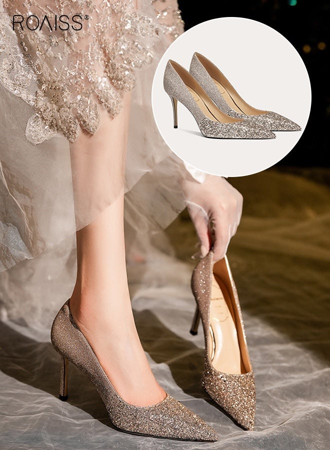 رويس حذاء بكعب مدبب للنساء، حذاء أنيق وعالي الكعب للسيدات، حذاء أنيق ولامع بكعب 8 سم، مثالي للحفلات والزفاف والمواعيد وغيرها - Image 1